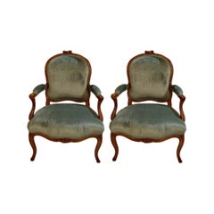 Pair Antique French Carved Walnut Arm Chairs, Circa 1885-1895.