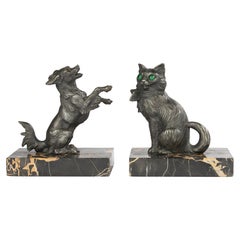 A Pair Early 20th Century Bookends - Dog and Cat Figurines - Art Deco