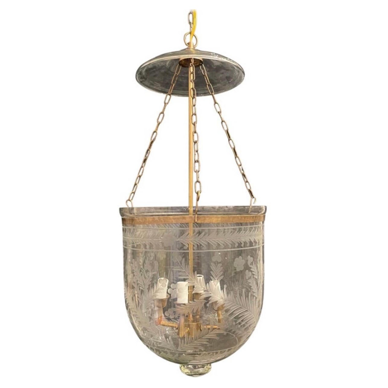 Wonderful Medium Brass Blown Etched Glass Bell Jar 4-Light Lantern Fixture