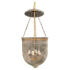 Wonderful Medium Brass Blown Etched Glass Bell Jar 4-Light Lantern Fixture