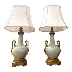 Pair of French 19th Century Louis XVI St. Ormolu and Celadon Porcelain Lamps