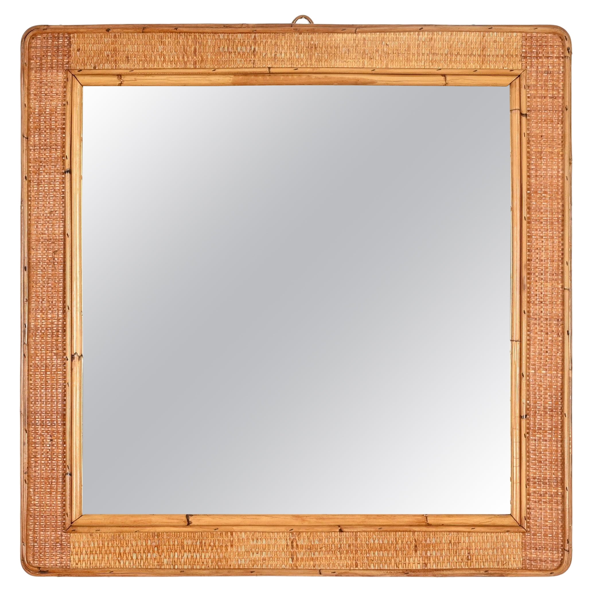 French Riviera Large Square Mirror in Bamboo and Woven Rattan, Italy 1970s