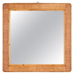 French Riviera Large Square Mirror in Bamboo and Woven Rattan, Italy 1970s