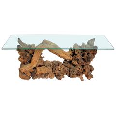 Burl and Driftwood Glass-Top Console Table