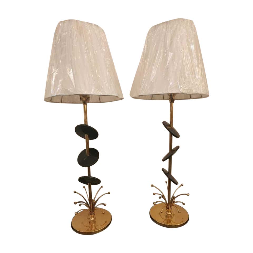 Pair of Rembrandt Lamp Company Brass and Ceramic Umber Melon Table