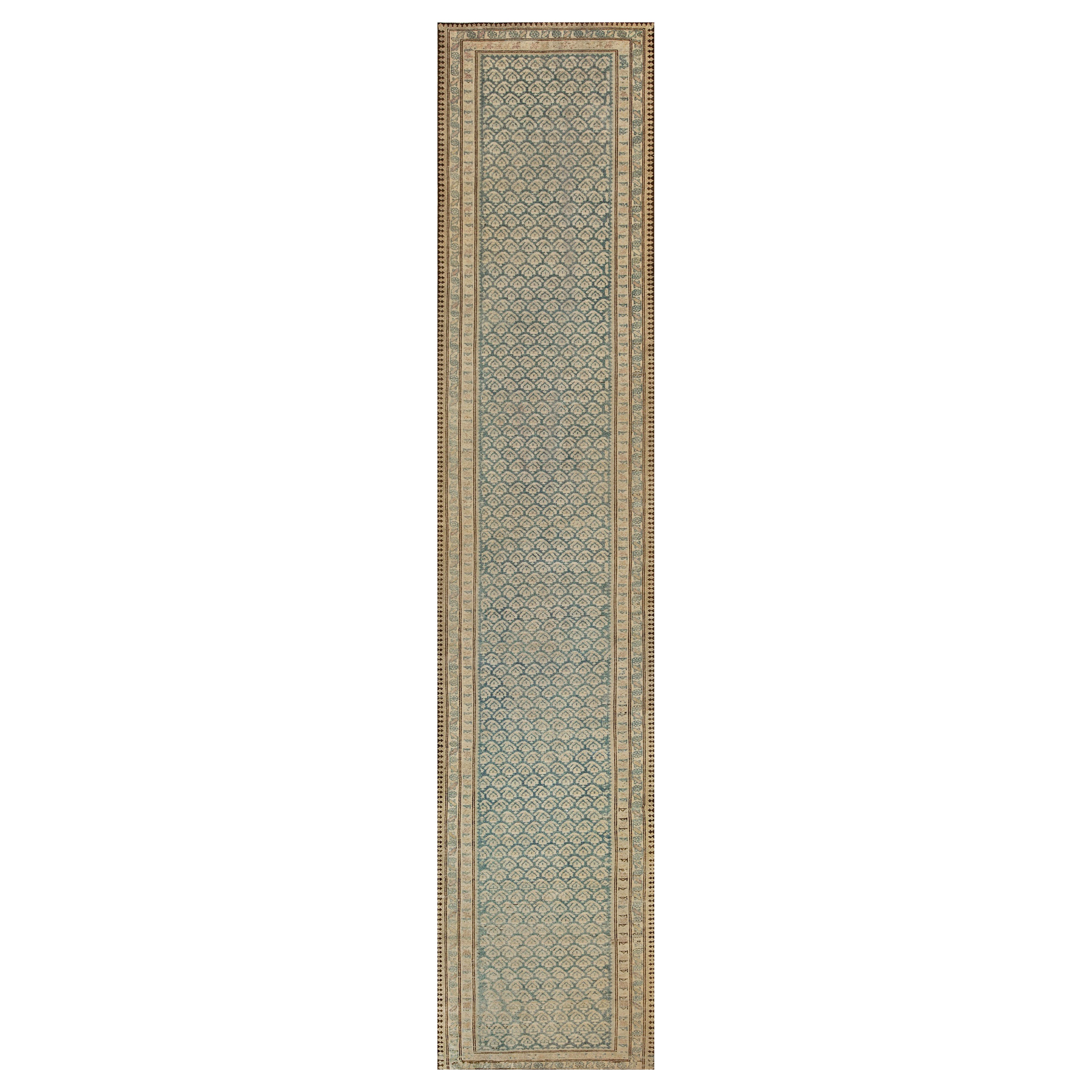 Antique Handwoven Sea-Blue Wool Boteh Persian Malayer Runner For Sale
