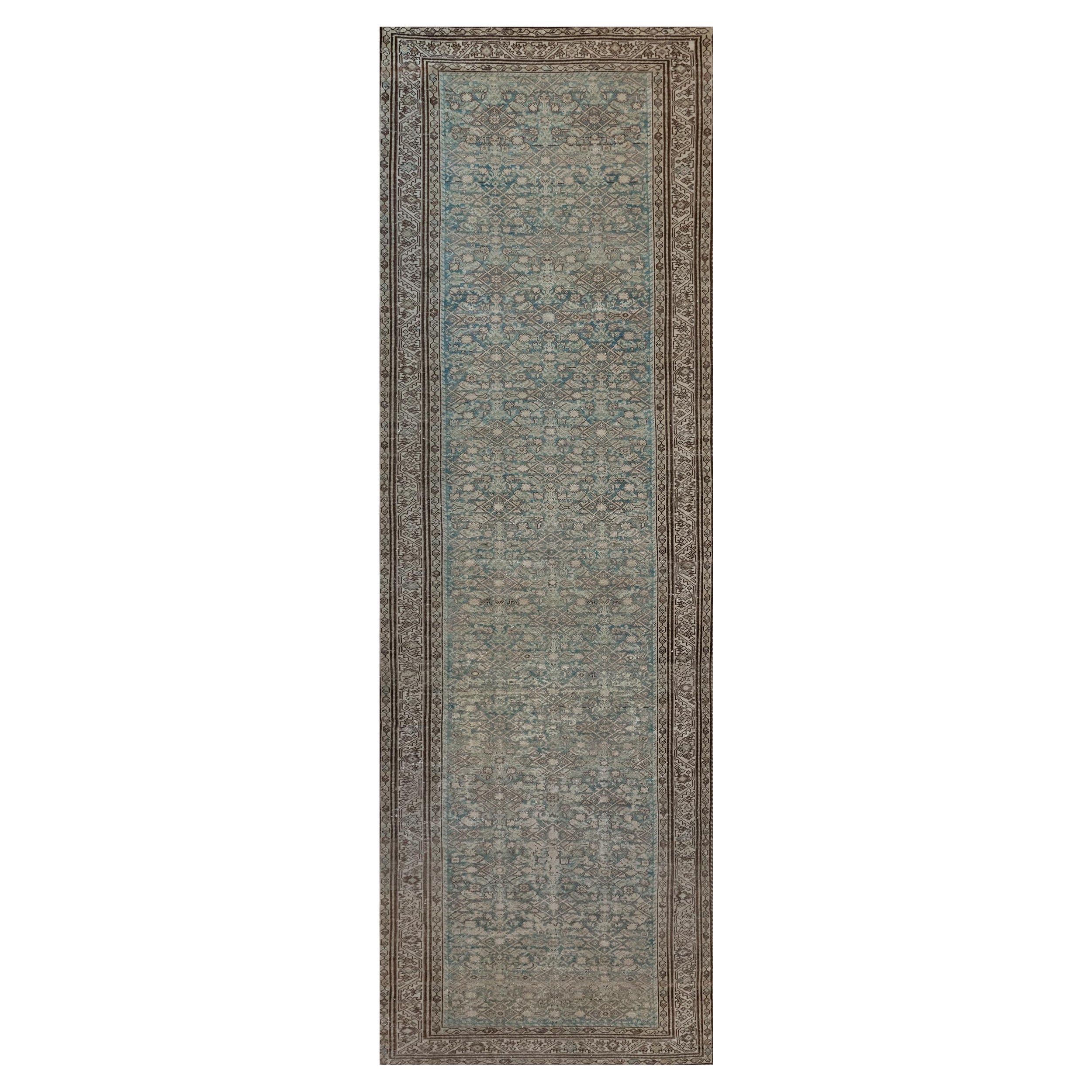 Antique Hand-Woven Light-Blue Wool Persian Malayer Runner For Sale