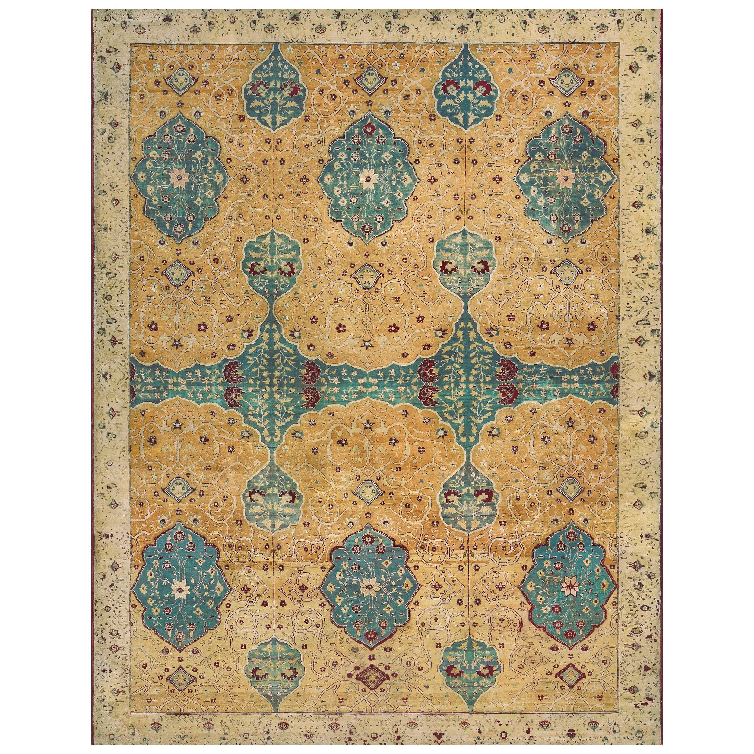 Authentic Antique Hand-Knotted Yellow Wool Arabesque Indian Agra Rug