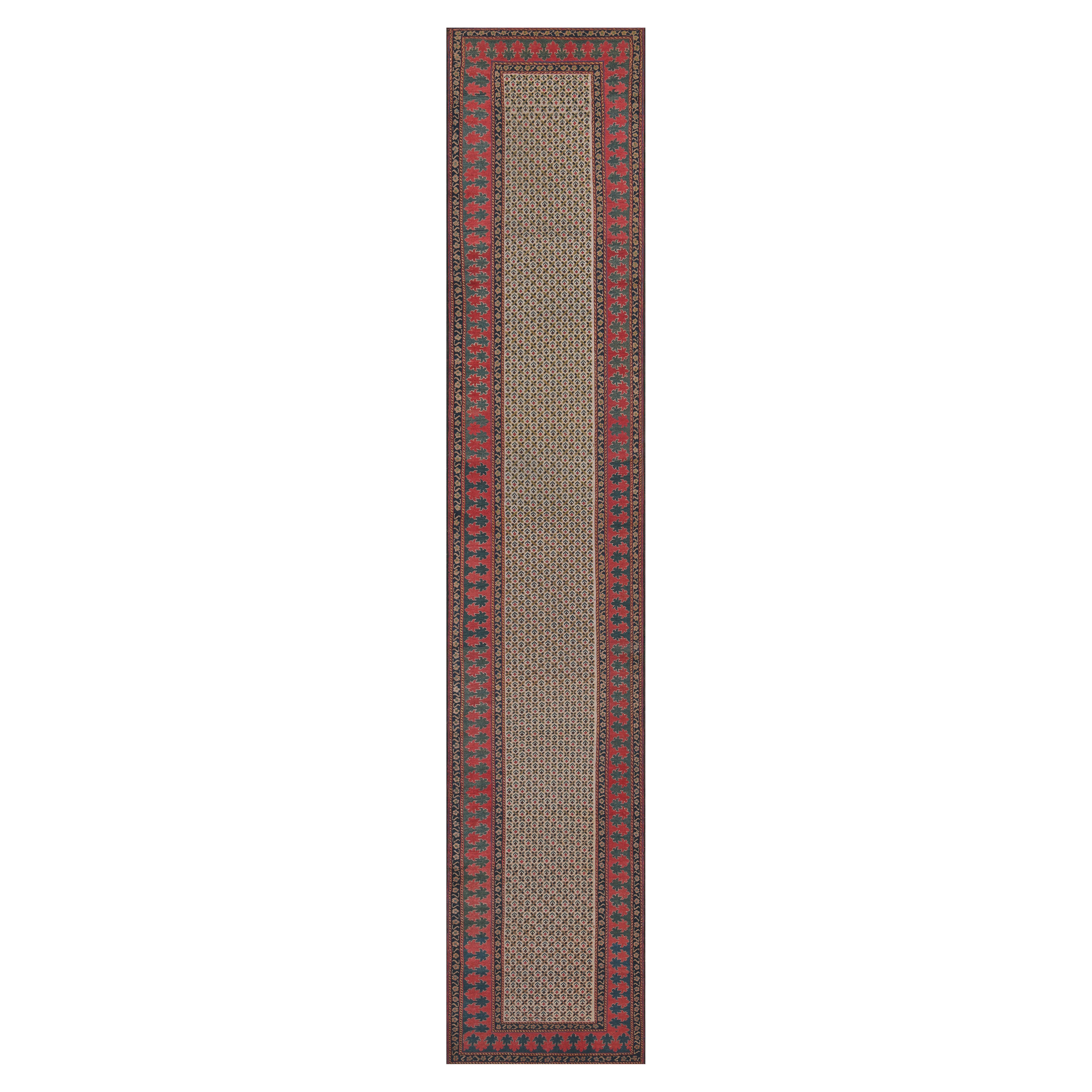 Antique Wool Floral Caucasian Runner with Bold Border For Sale