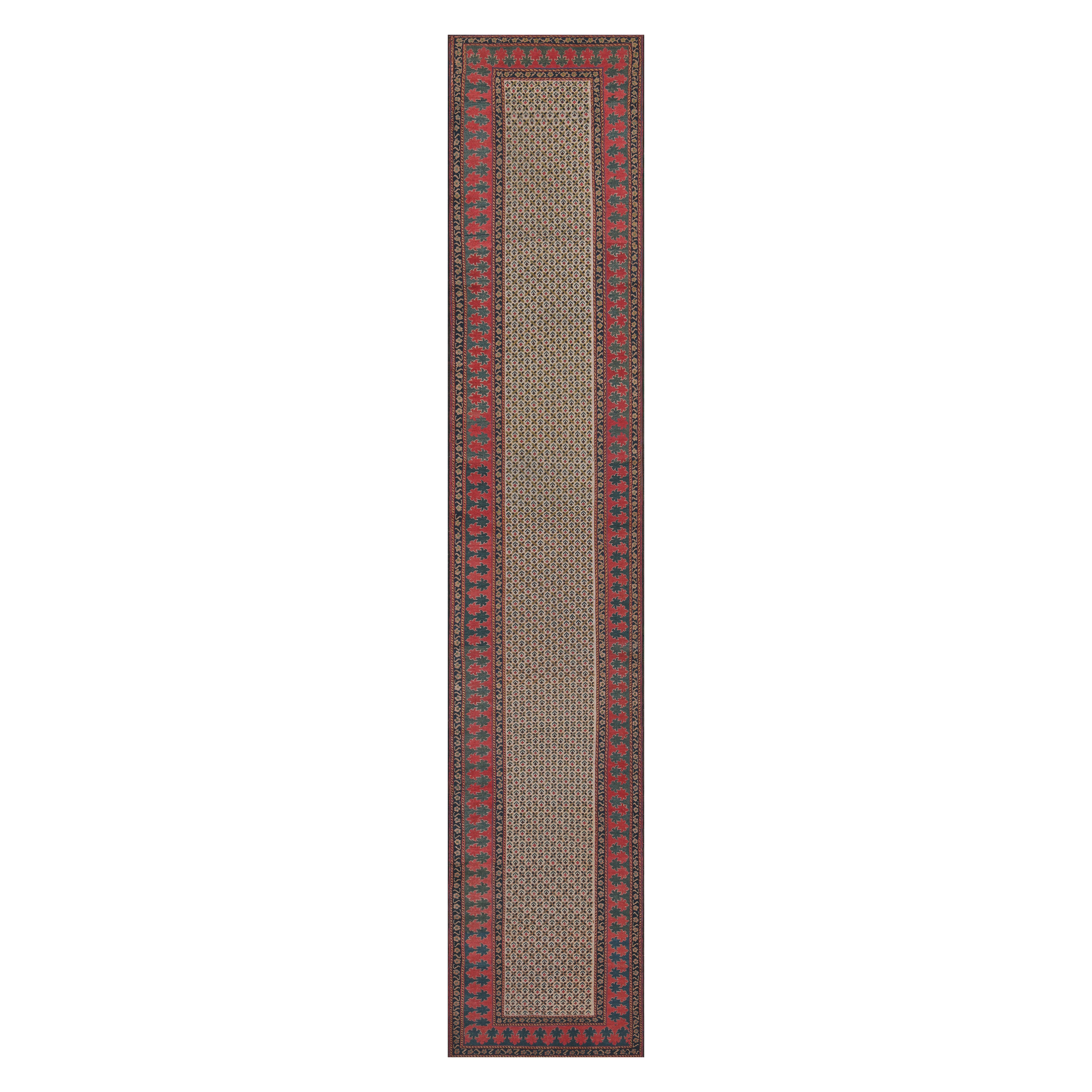 Wool Floral Antique Caucasian Runner with Bold Border