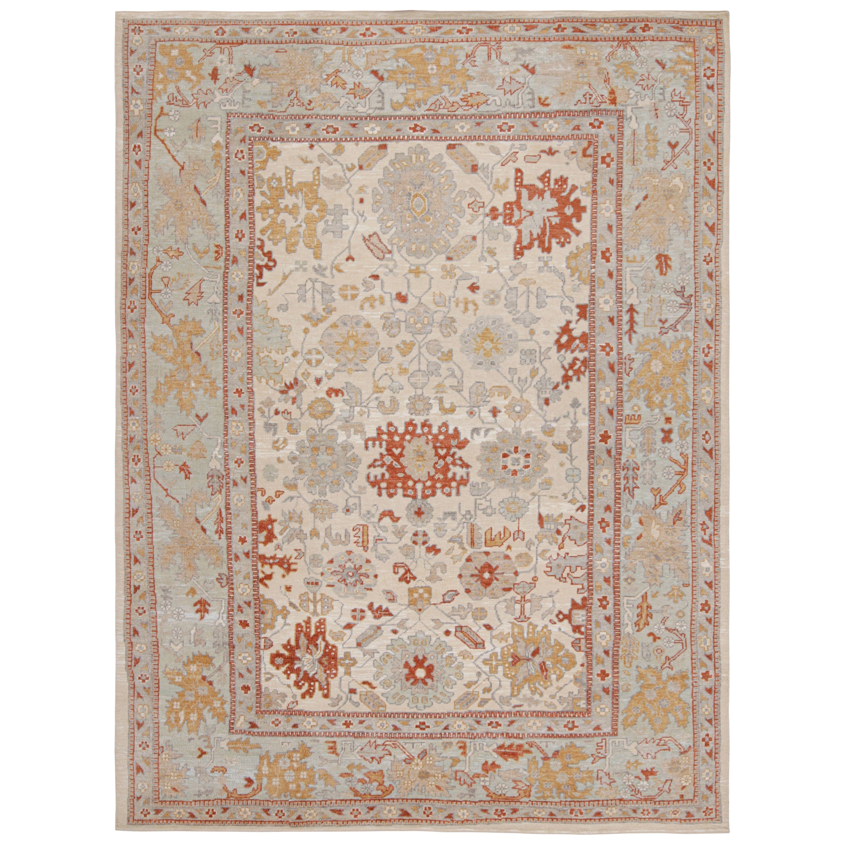 Rug & Kilim’s Oushak Style Rug In Blue, Beige and Red with Floral Pattern For Sale