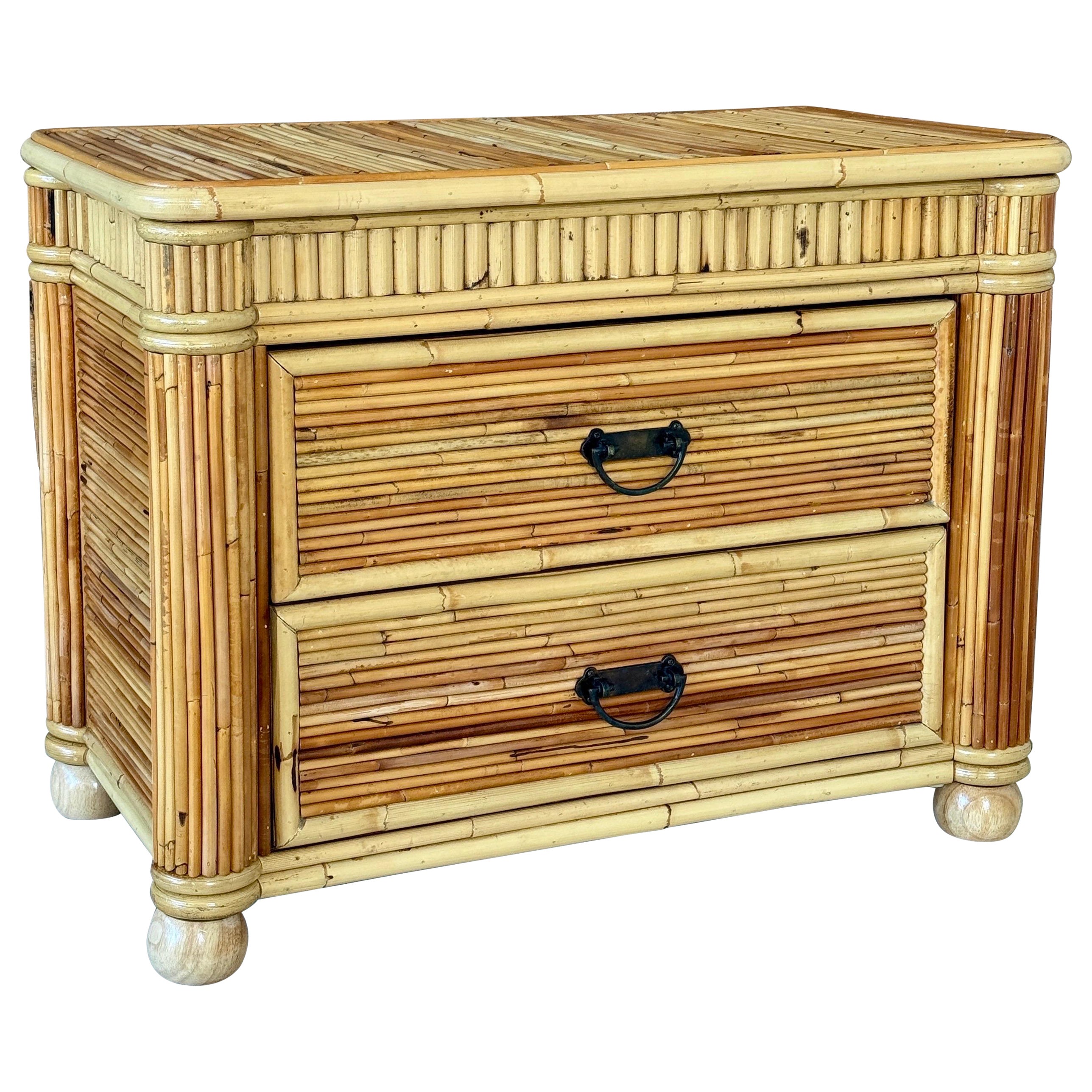 Vintage Coastal Organic Modern Pencil Reed Rattan Two Drawer Chest Nightstand
