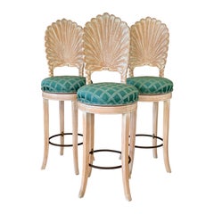 Vintage Coastal Regency Cerused Carved Shell Scalloped Back Barstool’s-Set of Th