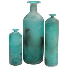 Set of Three Vintage Murano Scavo Aqua Vases by Gino Cedenese