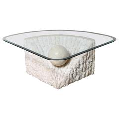 Triangular Marble and Travertine Coffee Table with Beveled Edge Glass Top 