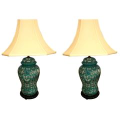 Pair of American Decoupage Butterfly Design Glass Temple Jar Lamps circa 1950