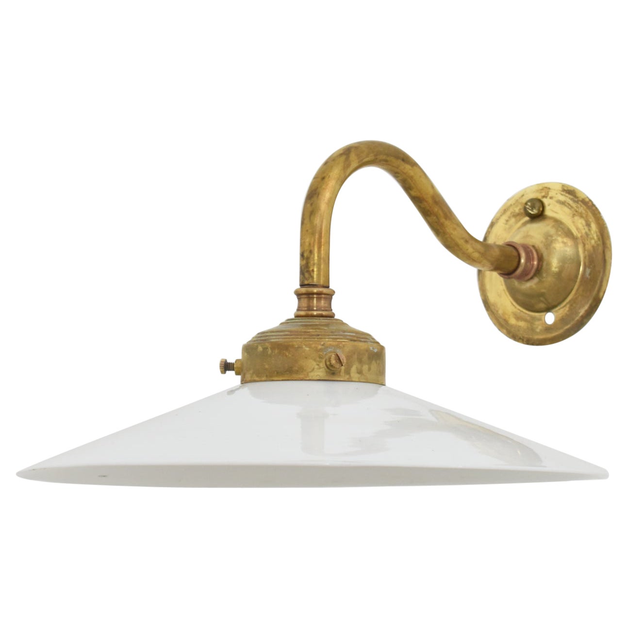 Antike französische Coolie-Keramik-Keramik-Lampe aus Glas mit Frill-Messing-Wandquasten