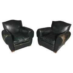 Pair of French Art Deco Green Leather Club Chairs, circa 1940