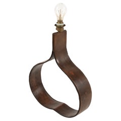 Midcentury Table Lamp Curved Brown Leather Jacques Adnet Style, Italy 1970s
