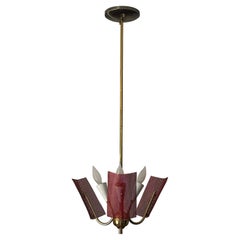 Mid Century Modern Perforated Red Metal and Brass Chandelier