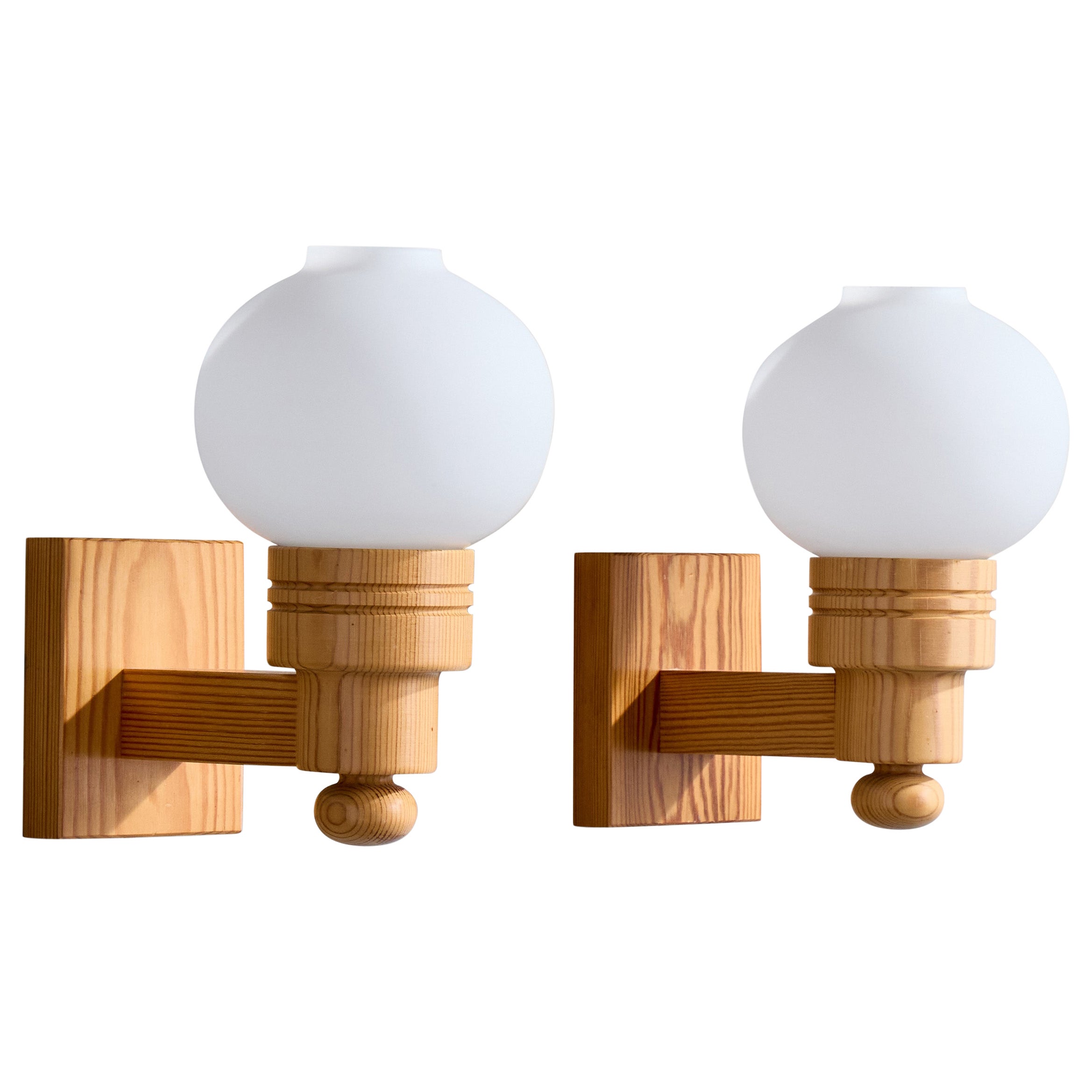 Swedish Designer, Wall Lights, Pine, Glass, Sweden, 1970s