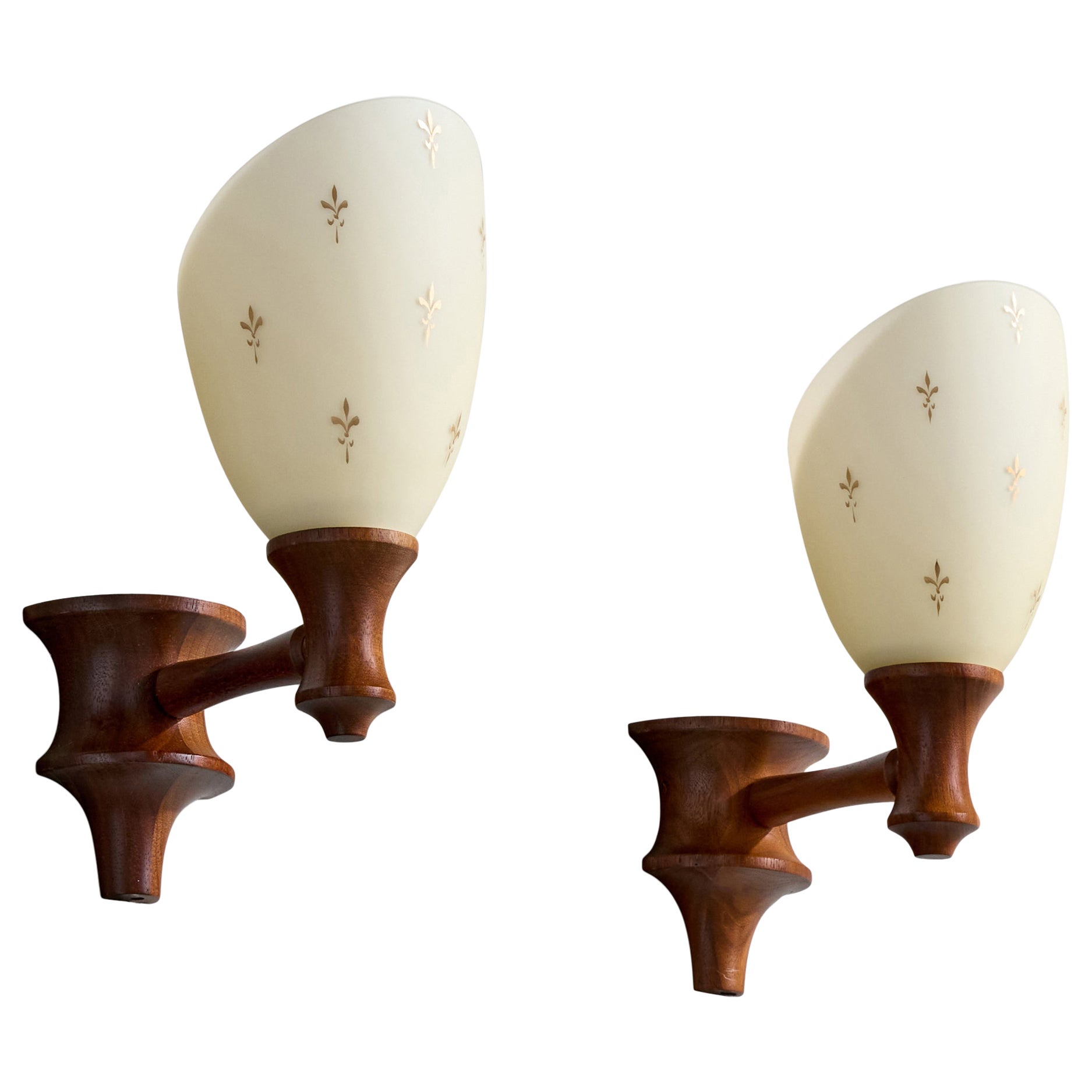 Swedish Designer, Wall Lights, Teak, Glass, Sweden, 1960s