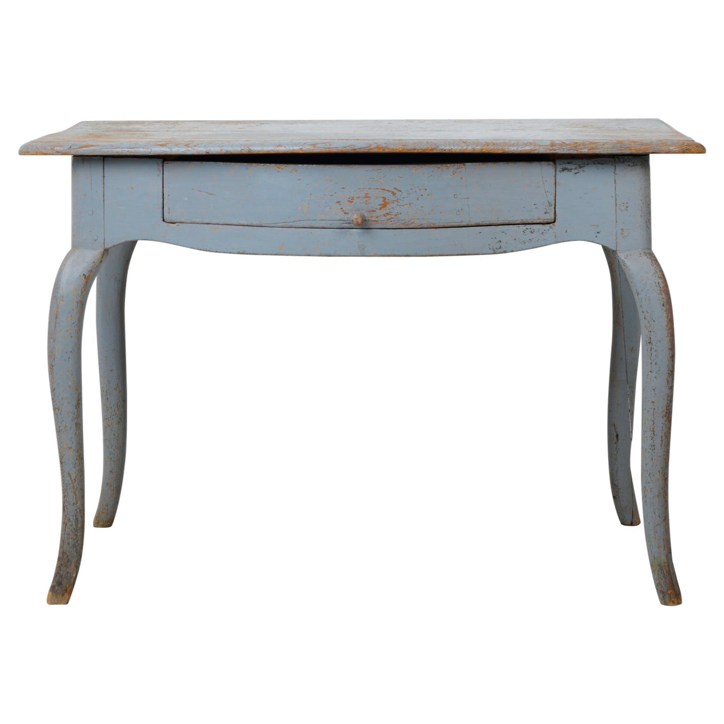 Antiker schwedischer Rokoko-Schreibtisch im Rokoko-Stil mit hellblauer Farbe, Schublade und geschwungenen Rokoko-Beinen im Angebot