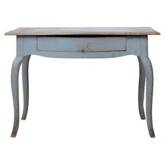 Antique Swedish Rococo Desk with Light Blue Paint, Drawer and Curved Rococo Legs