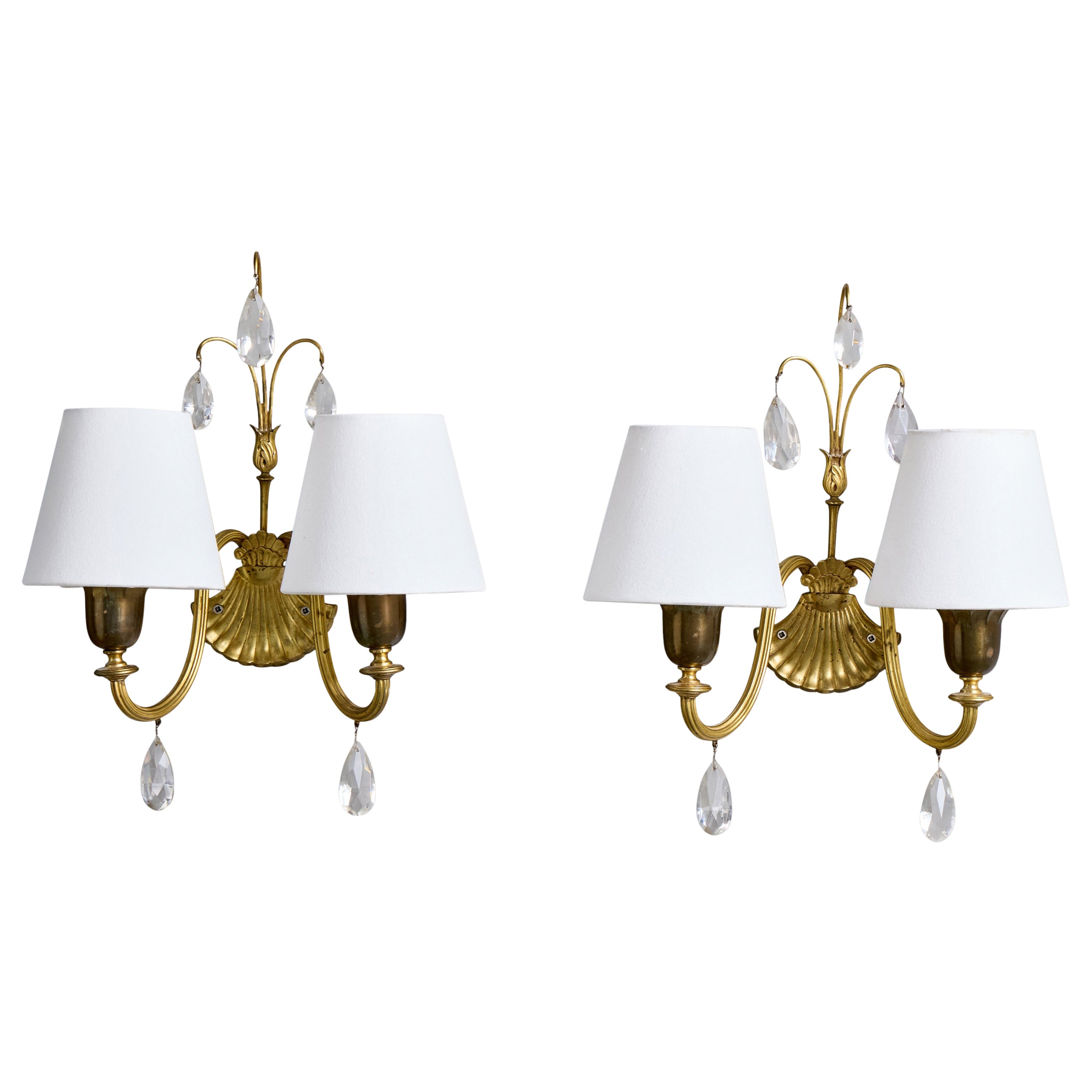 Swedish Designer, Wall Lights, Brass, Glass, Fabric, Sweden, 1940s