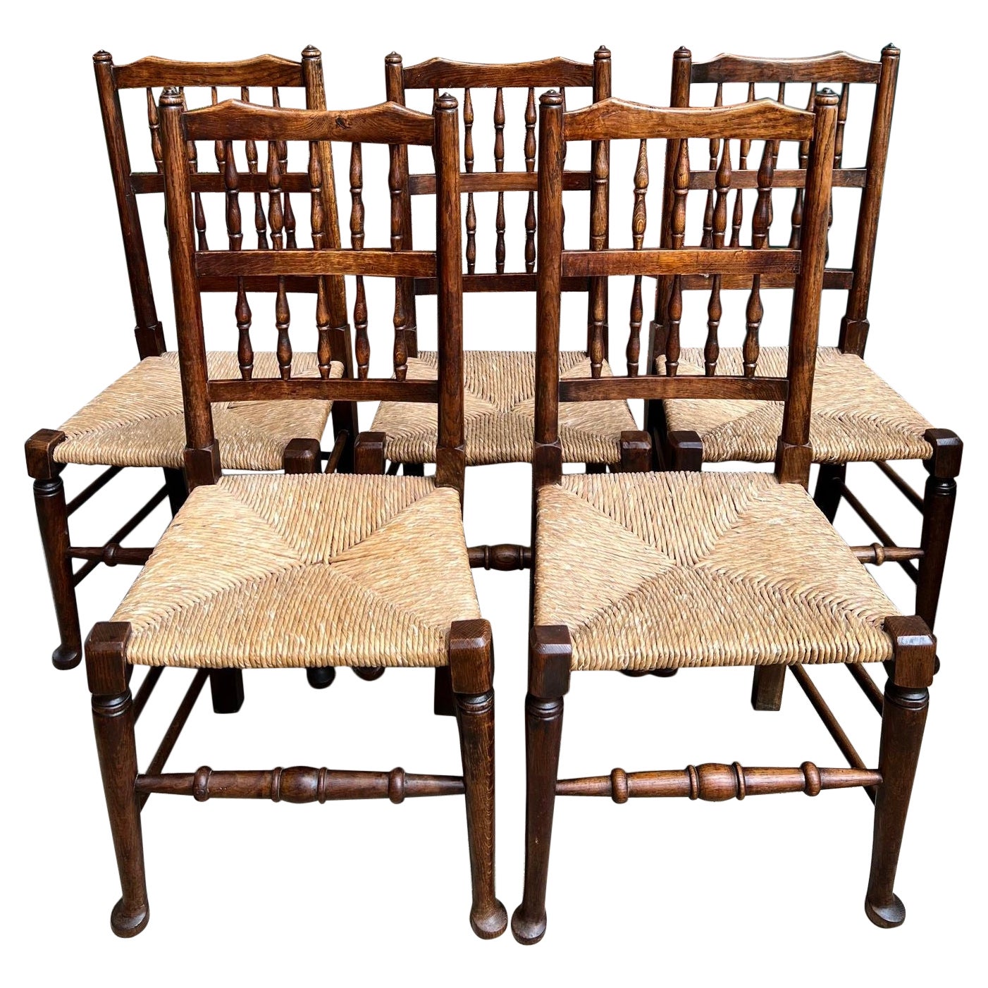Set 5 Vintage English Oak Dining Side Chairs Rush Seat Lancashire Spindle Back For Sale