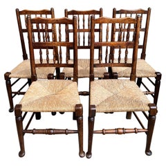 Set 5 Vintage English Oak Dining Side Chairs Rush Seat Lancashire Spindle Back