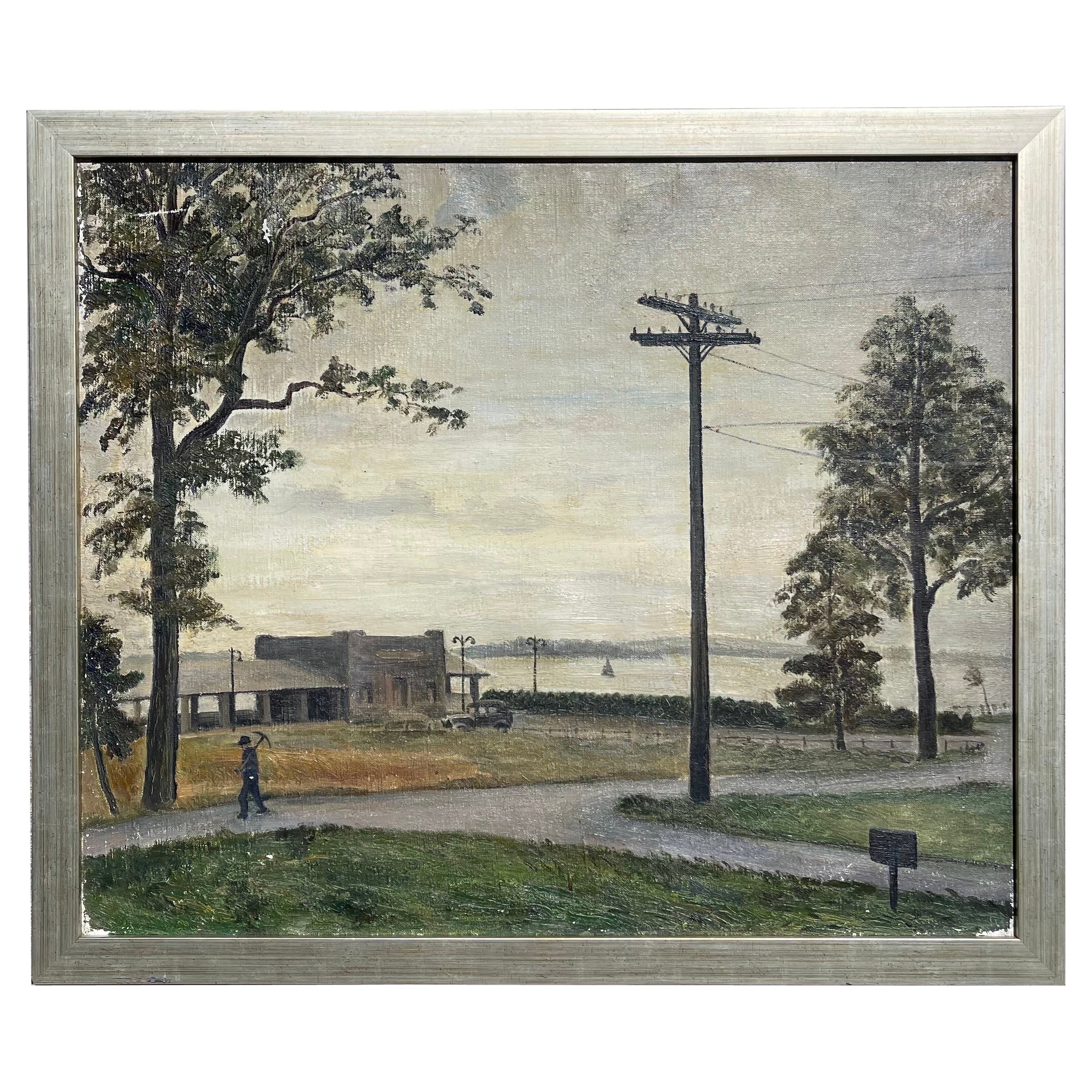 Mid-20th Century Folk Art WPA Style Oil on Canvas Painting, Pelham Bay Park For Sale
