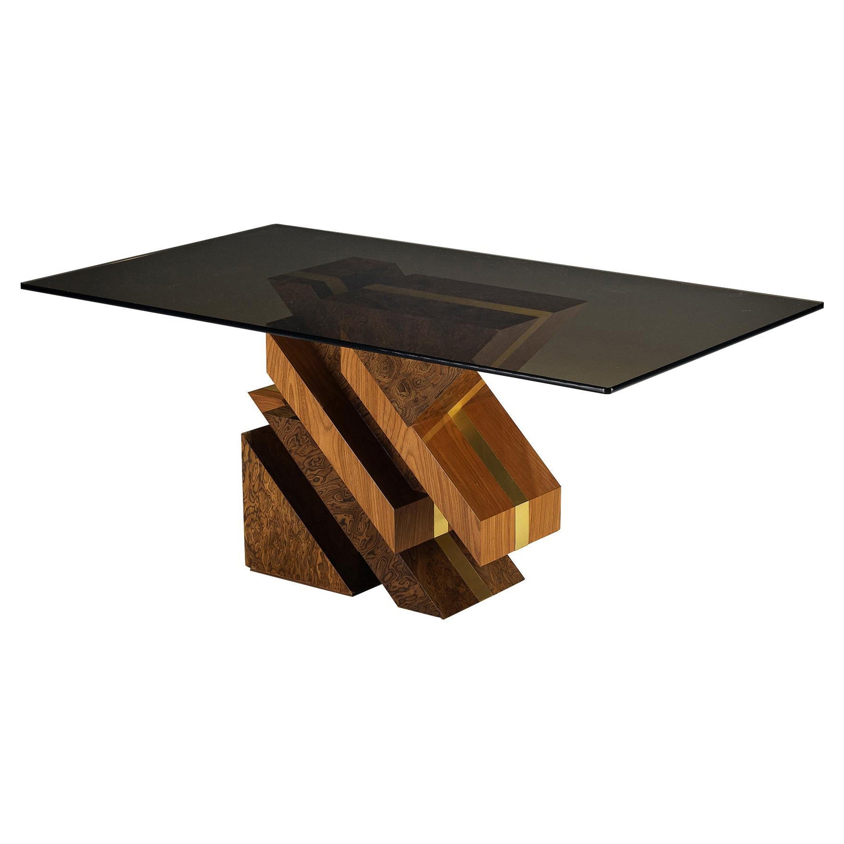 1970er Jahre Skulpturaler Geometrischer Esstisch aus expressivem Grain Wood und Messing