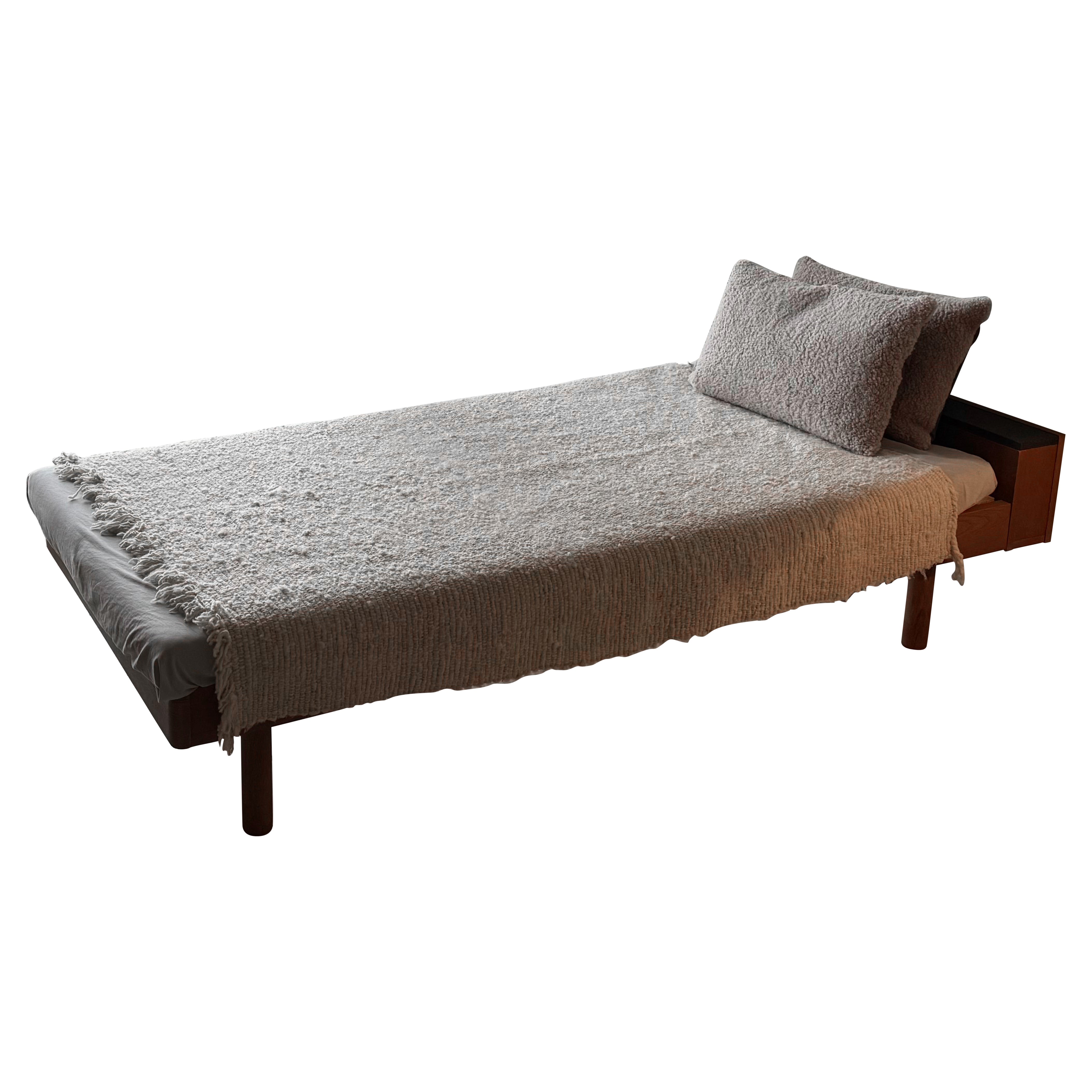 Zen Japanese Oak Daybed with Woven Wool Cover and Shearling Cushions