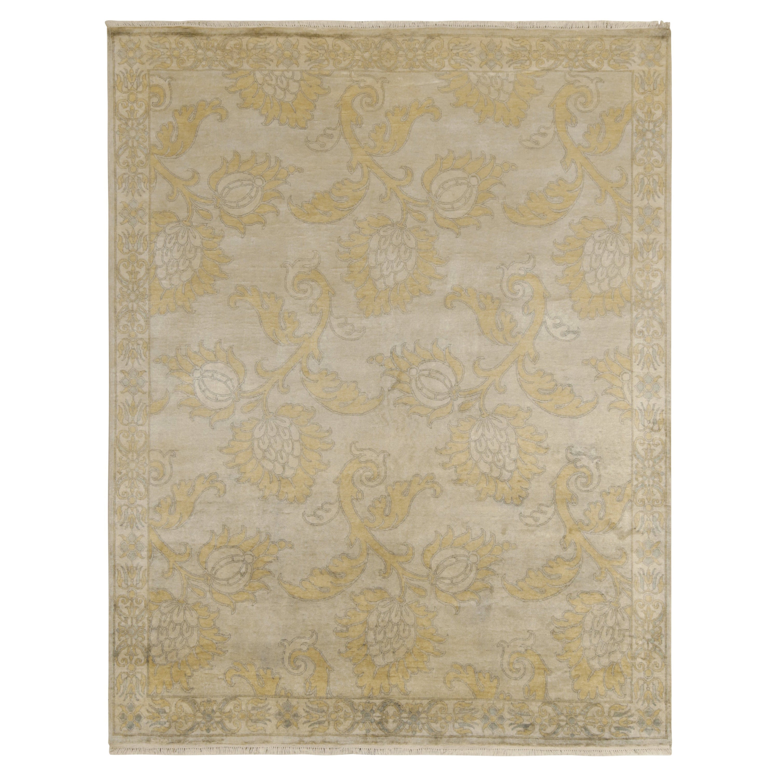 Rug & Kilim’s Classic Style rug in Tan with Blue and Gold Floral Patterns For Sale