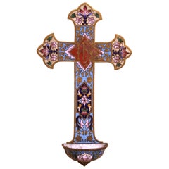 19th Century French Bronze Champleve Wall Cross with Holy Water Font