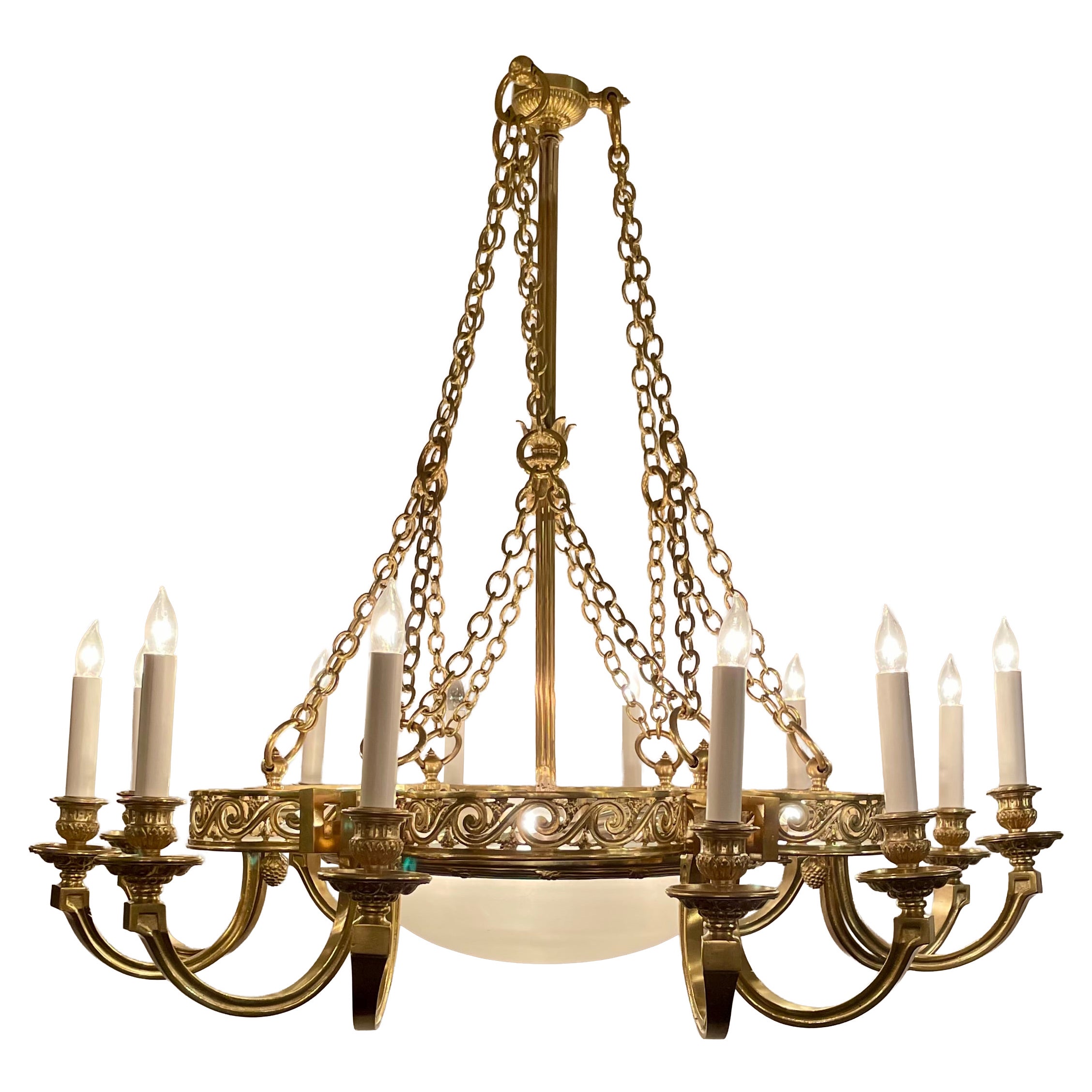 Estate Art Deco French Gold Bronze & Smoked Glass Chandelier, Circa 1920-1940.