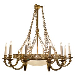 Estate Art Deco French Gold Bronze & Smoked Glass Chandelier, Circa 1920-1940.