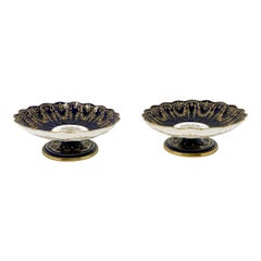 Pair Antique 19th Century English Cobalt Blue Porcelain Bowls with Gold Details.