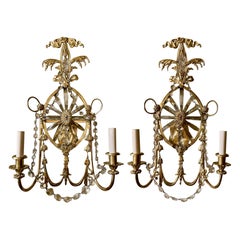 Pair Antique French Louis XVI Gold Bronze and Crystal Wall Sconces, Circa 1890.