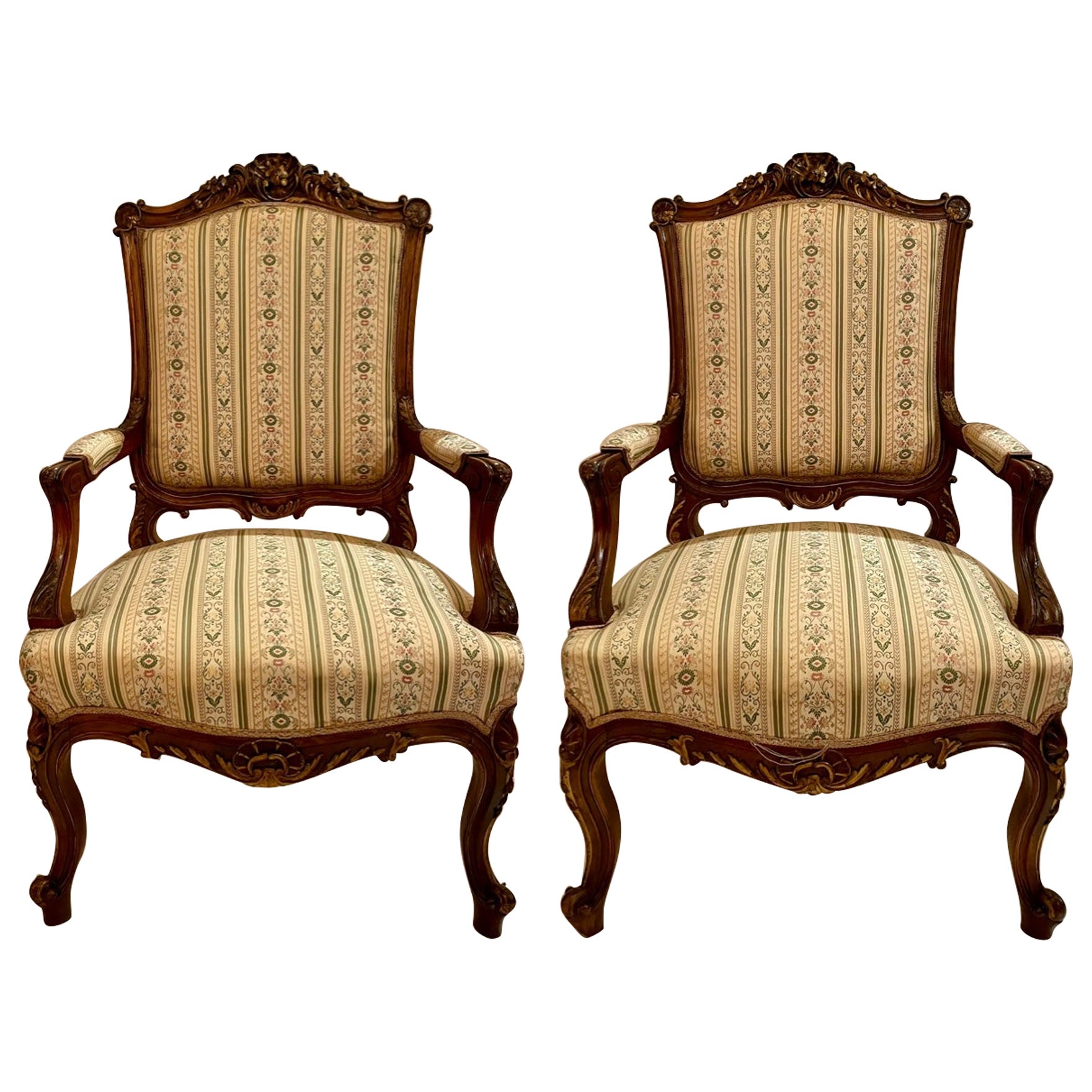 Pair Antique French Carved and Gilded Walnut Armchairs, Circa 1890.