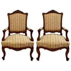 Pair Antique French Carved and Gilded Walnut Armchairs, Circa 1890.