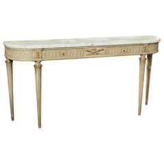 A French Gray Painted Louis XVI Style Demi-Lune Console Table with Marble Top