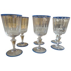 Set of 6 Elegant Murano Wine Glasses with Blue Rim, Late 19th Century