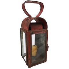 Antique Small Early Candle Lantern in Old Red Paint