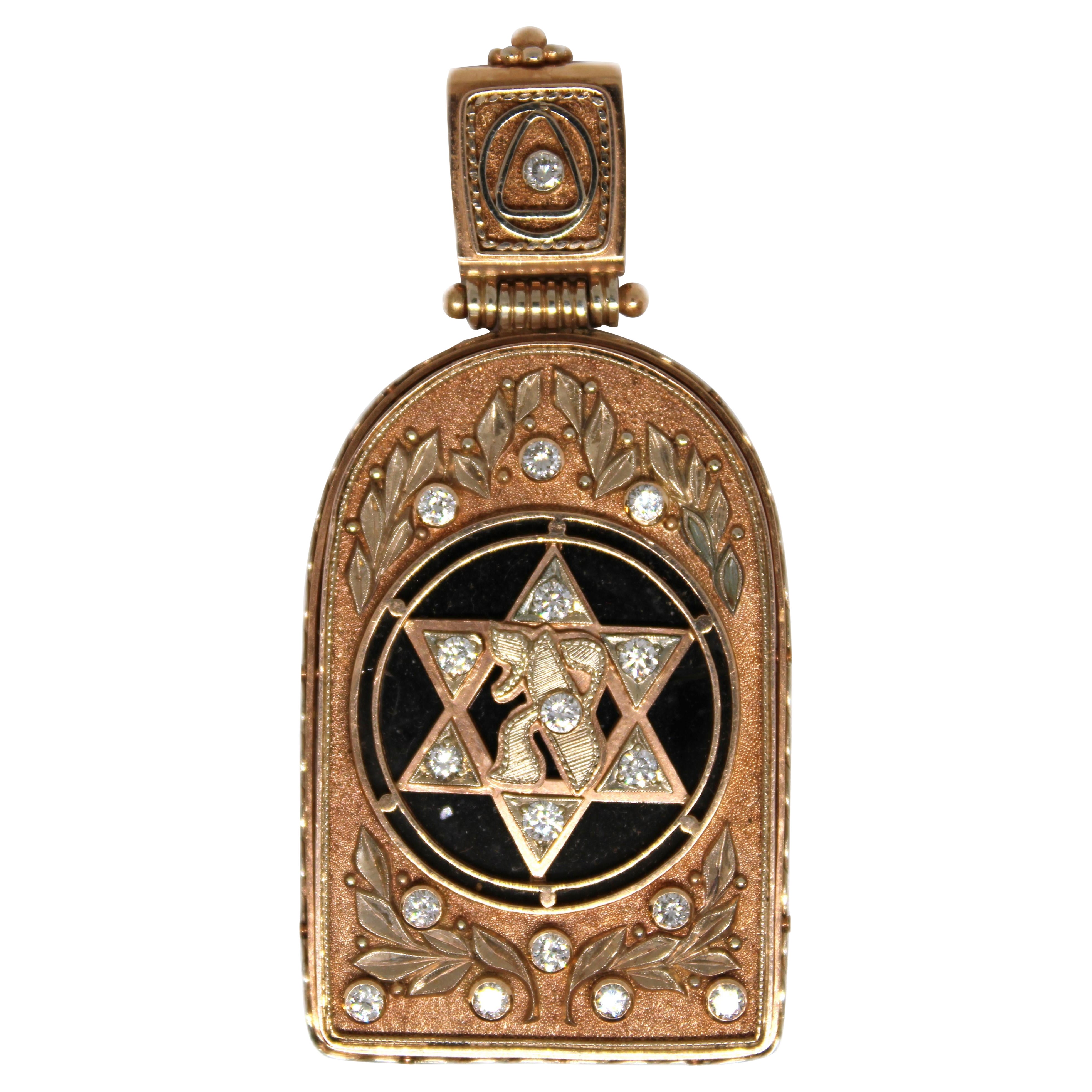 Russian 14kt Gold Tablet Amulet, Diamond and Black Stone, early 20th Century