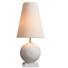 Round ceramic table lamp, white triangle natural canvas shade. Made in Italy.