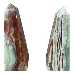 Neoclassical Solid Marble Onyx Green and Brown Obelisks, Pair
