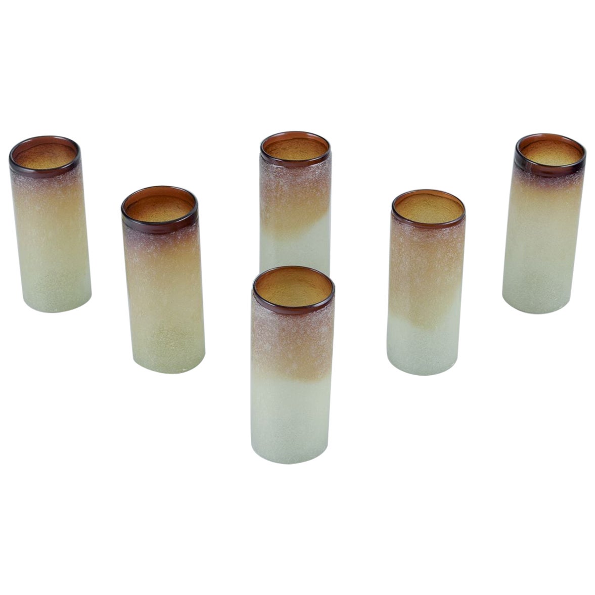 Napoleone Martinuzzi, Venini, Murano. Set of six tall glasses in art glass.