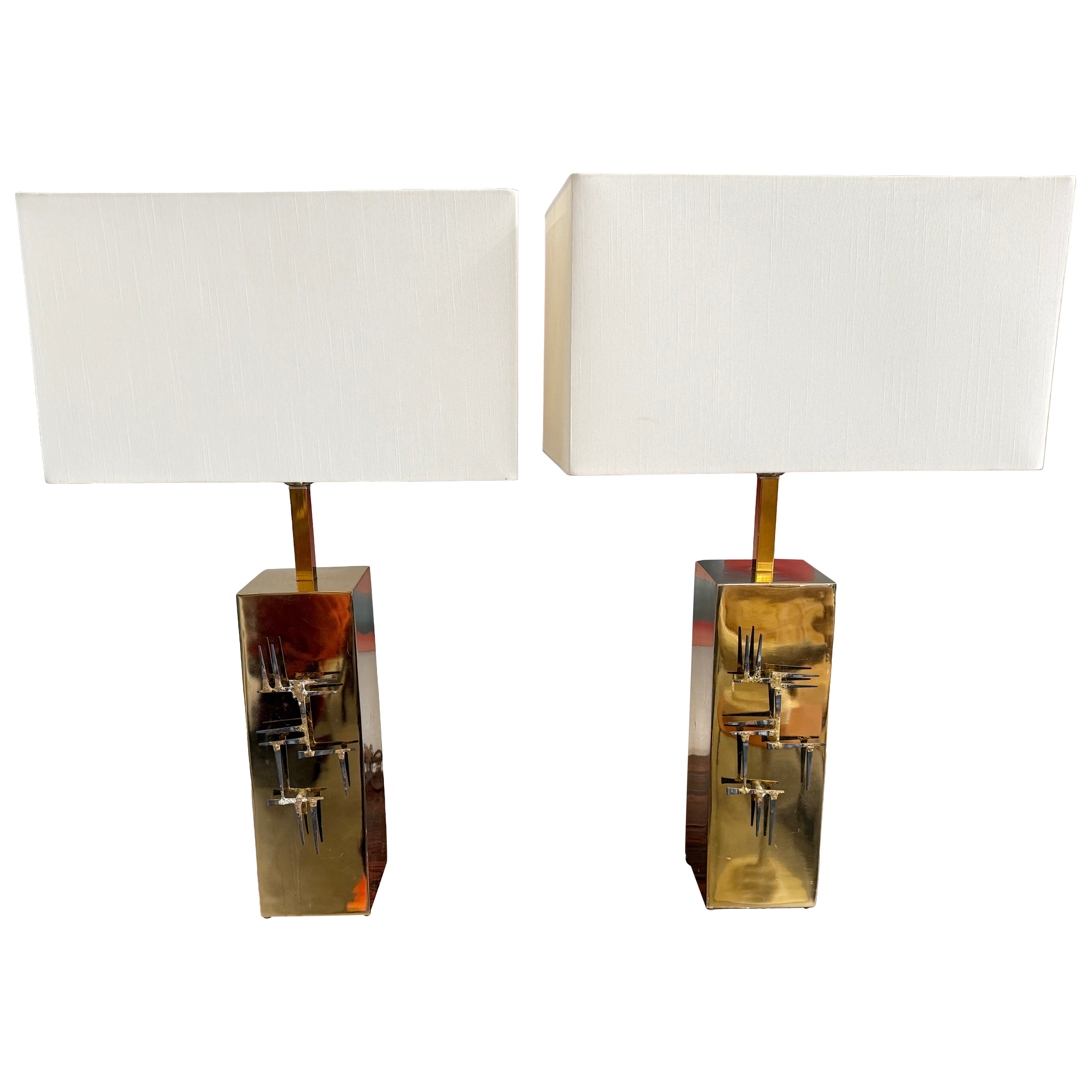 Pair of Brutalist Brass Lamps with Nails by Laurel Lamp